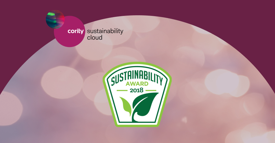 Sustainability Award 2018 badge featuring the corily sustainability cloud logo and Barclays Greenstone Sustainability on a blurred pink background.