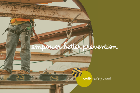 Construction worker stands on steel beams; text reads empower better prevention and Corily Safety Cloud to address OSHAs Top 10 Violations.