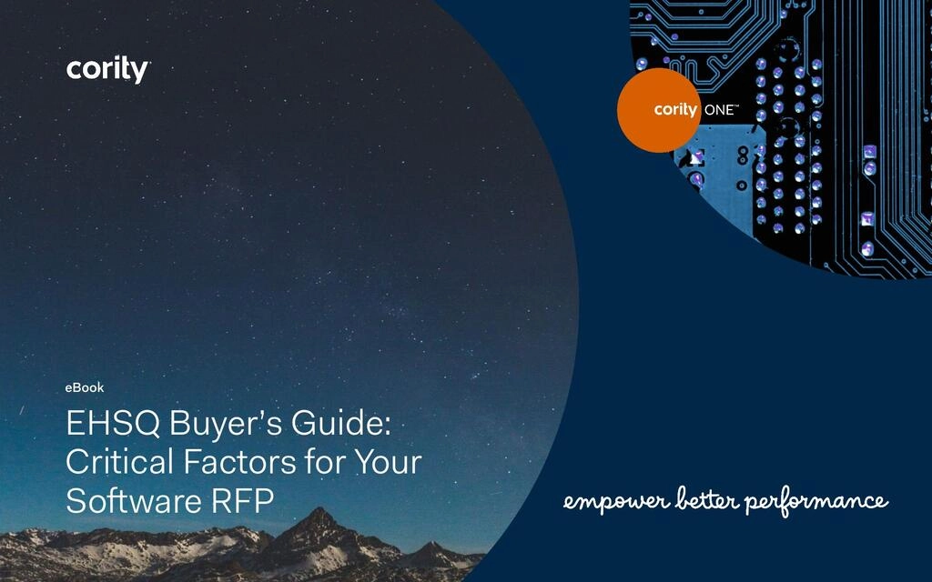 EHSQ Buyers Guide eBook cover featuring a night sky, mountains, circuit board, cority branding, and insights for preparing your EHSQ Software RFP.