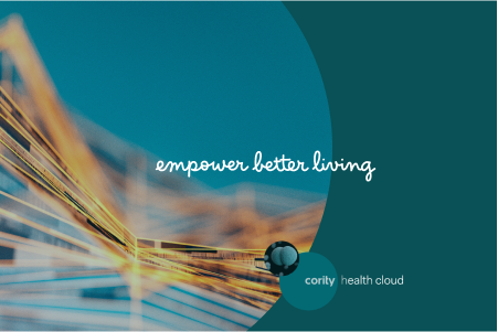 Abstract graphic with text empower better living and cority health cloud on a teal background, highlighting a resilient workforce.