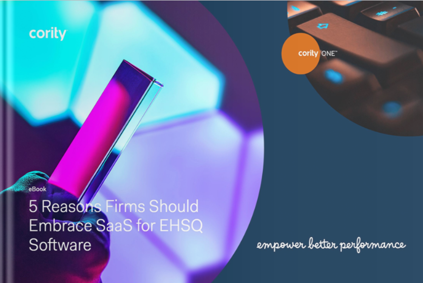 A hand holds a phone displaying text: 5 Reasons Firms Should Embrace EHSQ Software SaaS, featuring Cority branding.