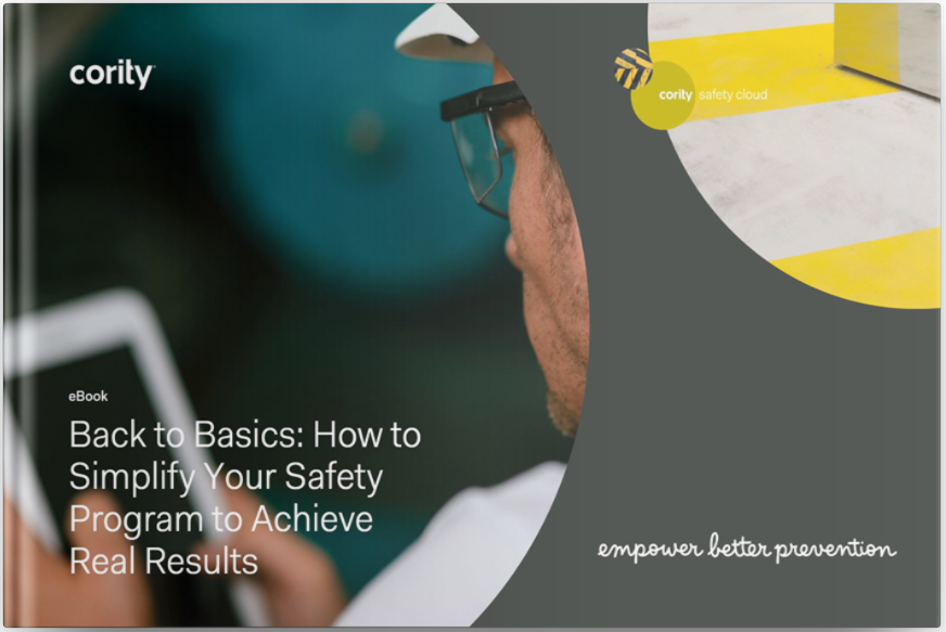 A person in glasses looks at a tablet. Text: Simplify Your Safety Program and drive real results with ease.