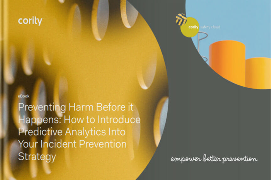 Cover of an eBook on predictive analytics in incident prevention by Cority, featuring an abstract yellow design.