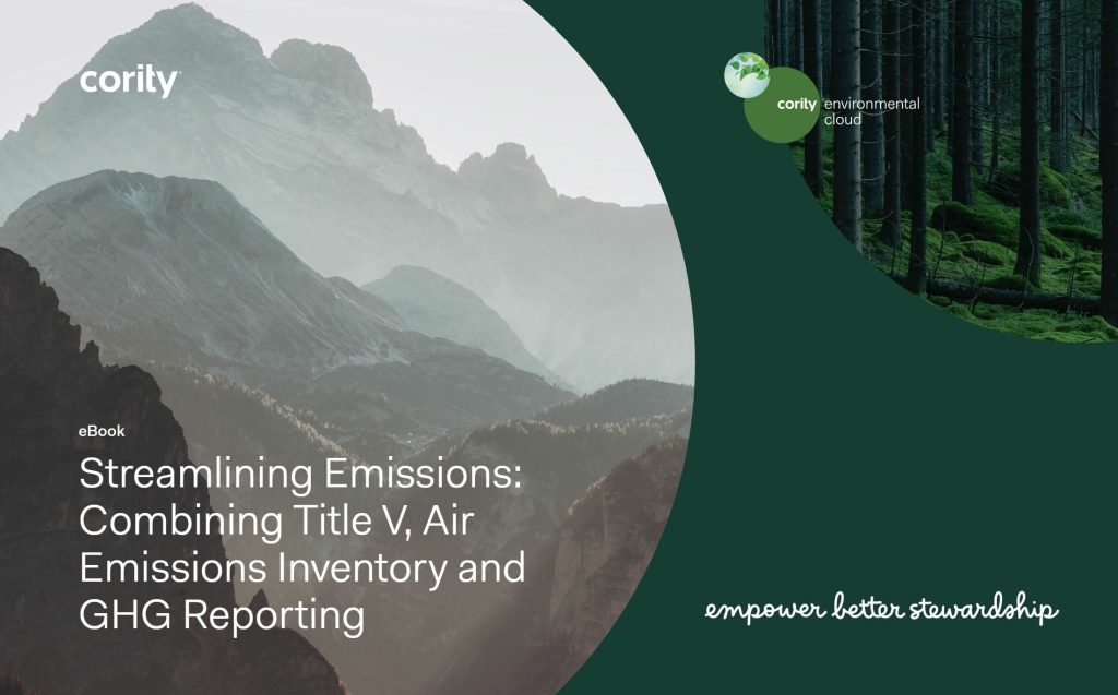 Mountain landscape with forest, featuring text about streamlining air emissions management and GHG reporting from Cority.