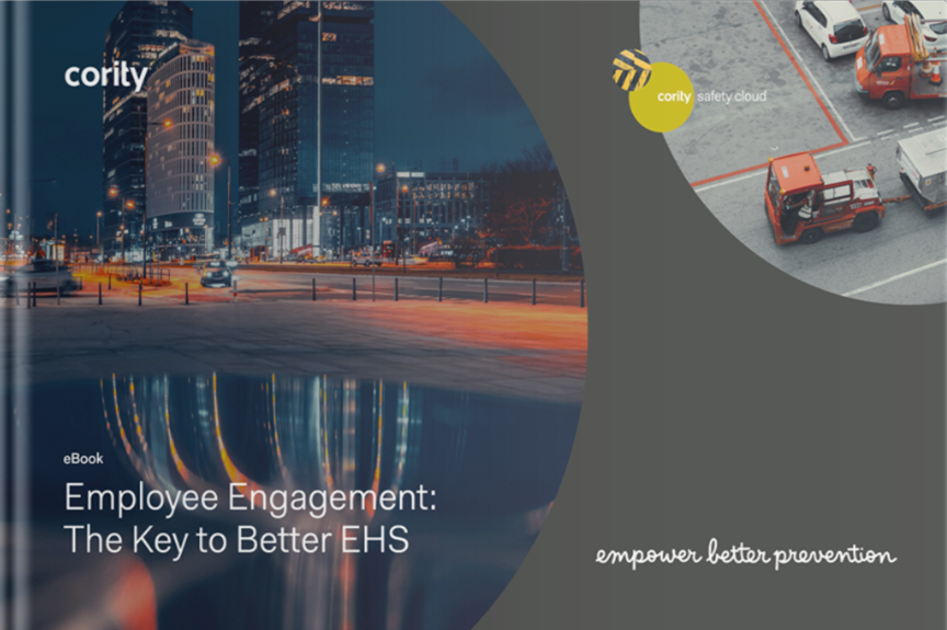 Cover of an eBook titled Employee Engagement: The Key to Better EHS by Cority, featuring cityscapes and safety images that highlight the importance of employee engagement in creating safer workplaces.