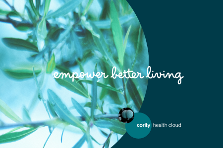 Green leaves with empower better living in white script and Cority Health Cloud logo on a blue background, promoting best practices for occupational hygiene.