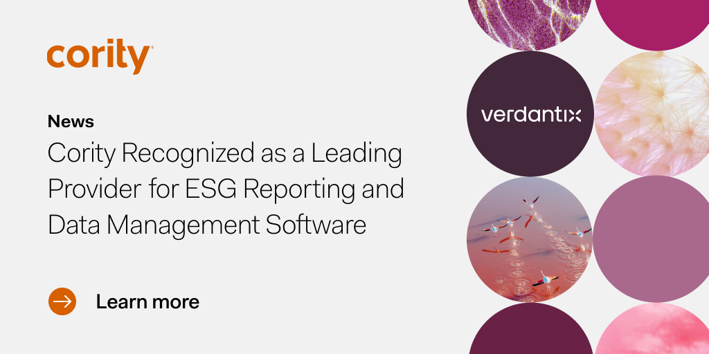 Cority named top Verdantix ESG software provider, featuring circular abstract images and a Learn more button.