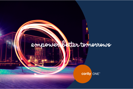 A glowing light circle at night features the words empower better tomorrows, the Cority ONE logo, and highlights seamless EHSQ Software implementations.