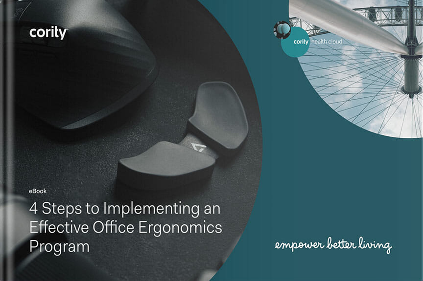 Close-up of ergonomic office equipment and a Ferris wheel with text about an effective office ergonomics program eBook.