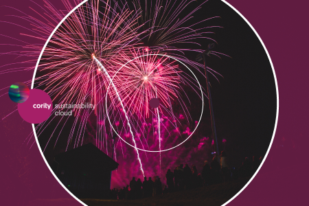 Pink fireworks light up the night sky above a crowd, with a Cority Sustainability Cloud logo overlay, highlighting the future of carbon tracking for investors and private markets.
