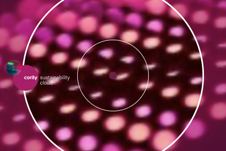 Pink and purple blurred dots with white circles and cority sustainability cloud text on the left, highlighting ESG Data.