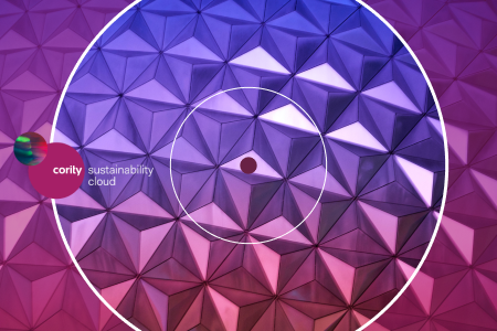 Geometric purple and pink textured background with white circles, cority sustainability cloud logo on the left, and a touch of Sustainability & ESG glossary inspiration.