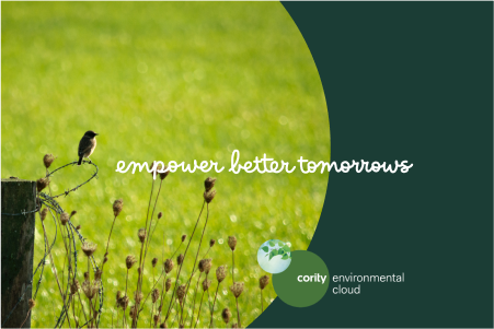 A bird on a fencepost in a green field with the text empower better tomorrows, highlighting ESG and technology solutions, and the Cority logo.