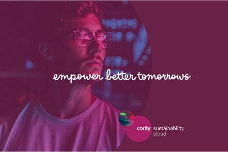 Man in glasses with neon reflections and text empower better tomorrows above cority sustainability cloud logo, highlighting GHG Data Centers.