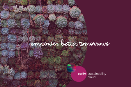 A wall of succulents with the text empower better tomorrows, a corily sustainability cloud logo, and a nod to CSRD & ESRS compliance.