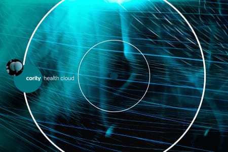 Abstract blue digital background with circles, lines, and the text cority health cloud, representing advanced occupational health technology.