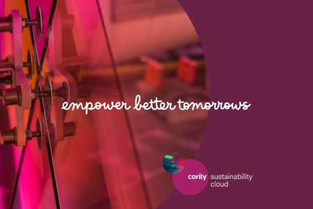 Slogan empower better tomorrows with gears and cority sustainability cloud logo on a purple background, featuring insights from the Sustainable Procurement Guide.