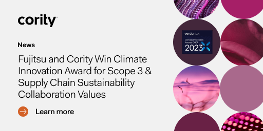Cority Fujitsu Award win announced for climate innovation; circular images and a Learn more button displayed.