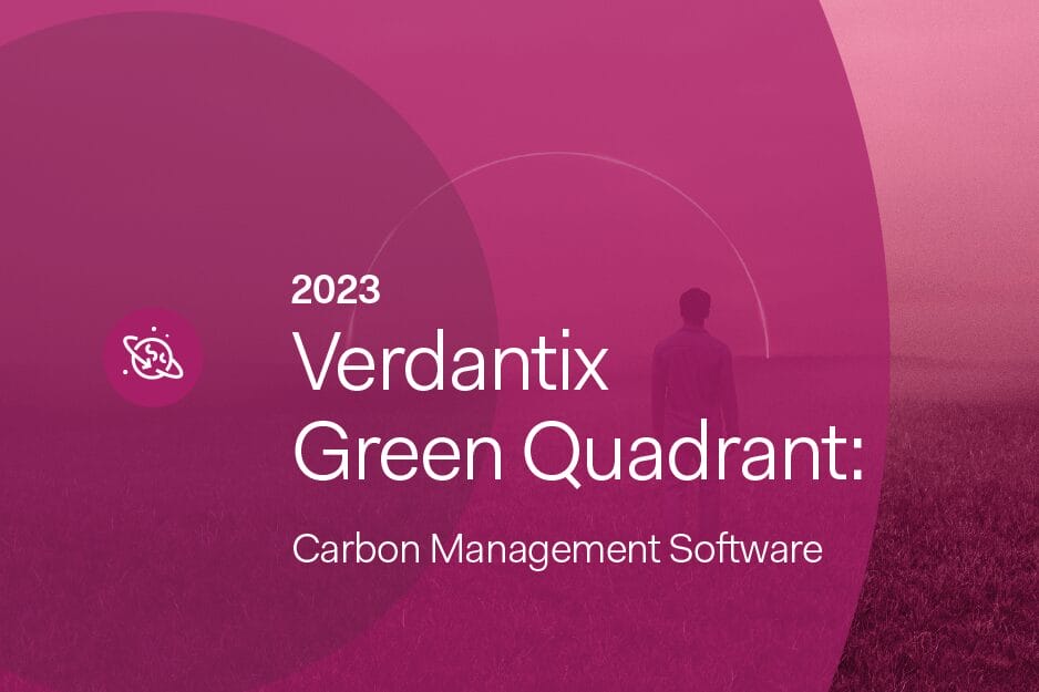 2023 Verdantix Green Quadrant: Enterprise Carbon Management Software text on a purple background with a person in a field.
