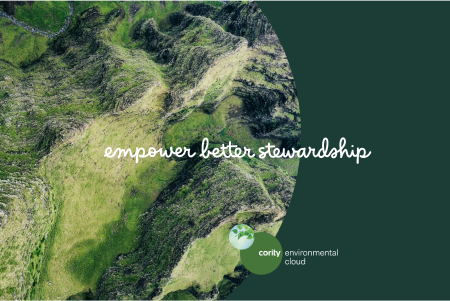 Aerial view of green hills with text: “empower better stewardship,” highlighting air quality and emerging trends, alongside the Cority Environmental Cloud logo.