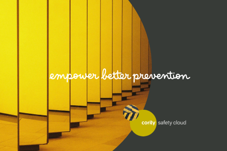 Yellow mirrored panels with the text empower better prevention and cority safety cloud, highlighting error-proof solutions for your safety program, set against a dark gray background.
