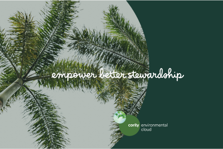 Two palm trees with the words empower better stewardship, highlighting environmental transformation and the Cority Environmental Cloud logo.