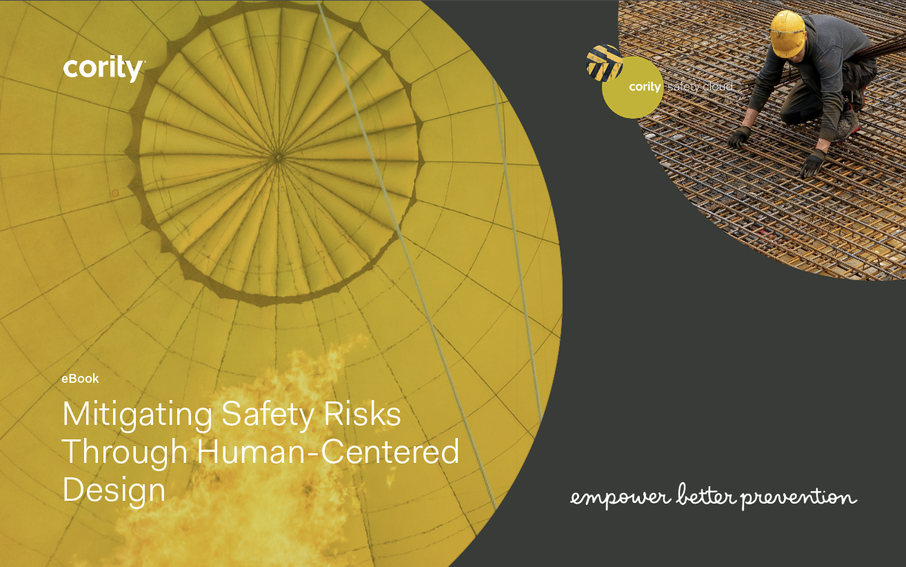 Yellow-tinted safety cover with worker inspecting steel bars; text reads “Mitigating Safety Risks Through Human-Centered Design Safety Management.”.