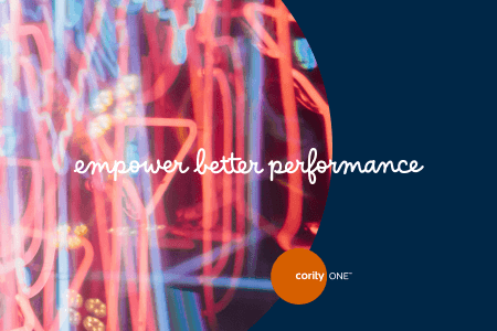 Neon lights background with the words empower better performance, highlighting AI potential in EHS, and a cority ONE logo in the corner.