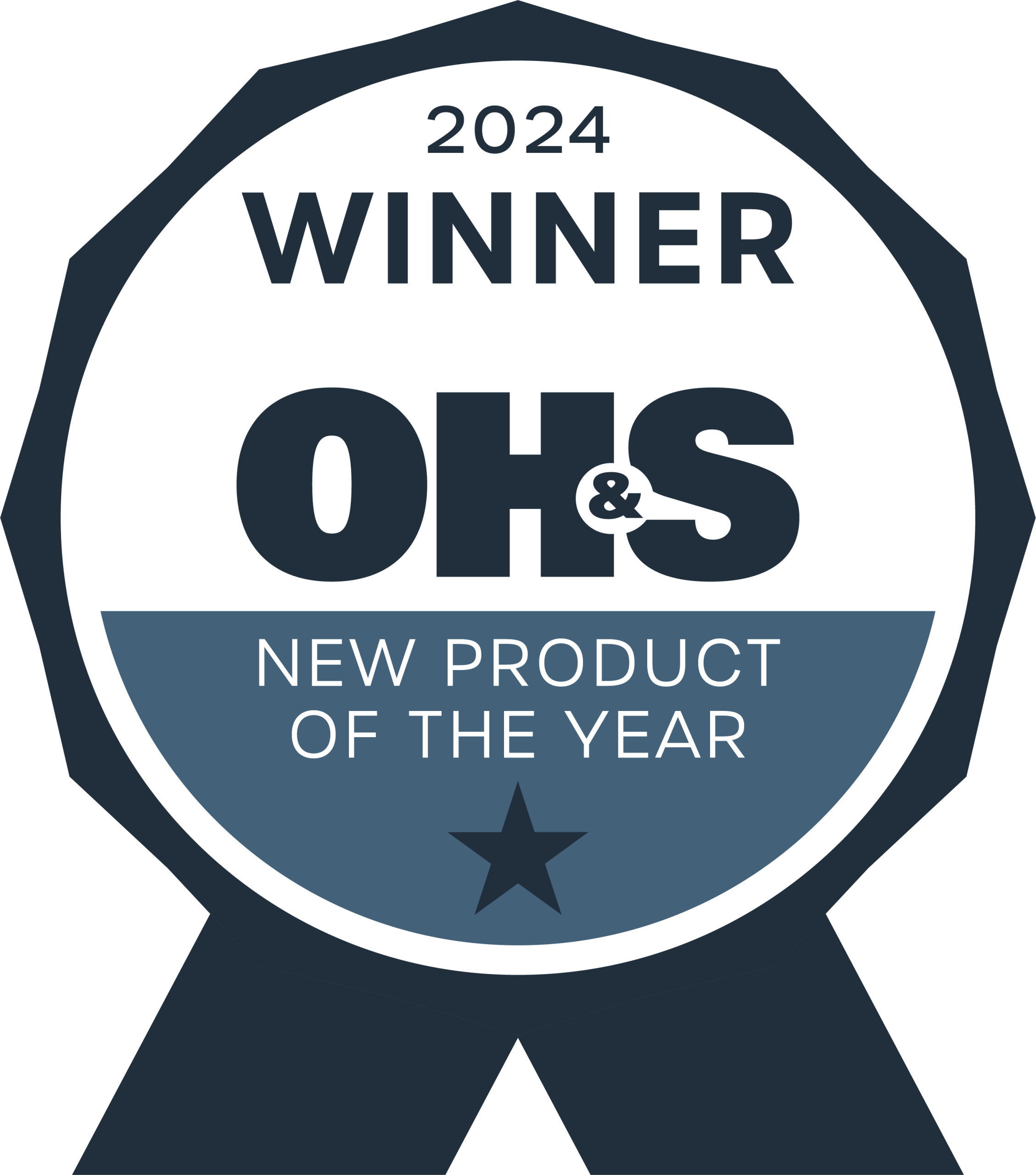 Circular badge reading 2024 Winner OH&S New Product of the Year with a star at the bottom, celebrating an occupational health safety award.