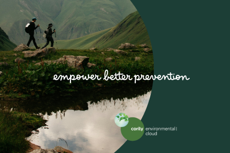 Two people hike in green mountains near a stream, reflecting on environmental compliance. Text reads empower better prevention.
