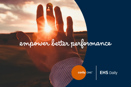 A hand reaching toward the sun with the text empower better performance overlaid, inspired by insights from an EHS software buyers guide.
