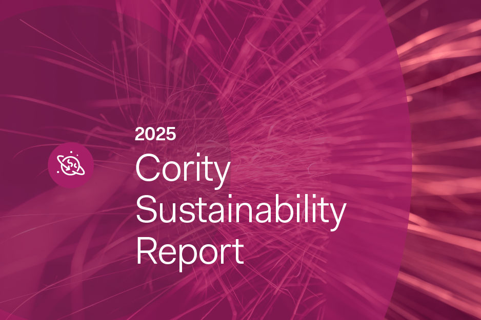 Pink and orange graphic with text: Sustainability Report 2025 and a leaf icon.