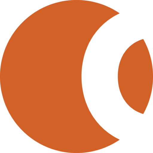 A large orange circle features a white crescent overlapping its right side, with a smaller orange oval nestled within the abstract shape of the white crescent area.