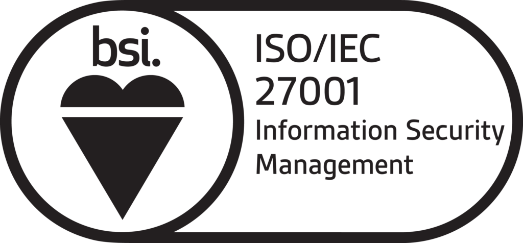 Black and white logo with a heart-shaped symbol and the text: bsi. ISO/IEC 27001 Information Security Management inside a rounded rectangular border.