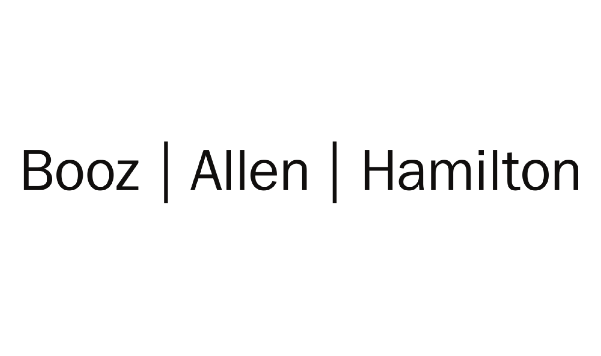 The image displays the text Booz | Allen | Hamilton, a leader in IT services and management consulting, in a simple black font on a white background, with vertical bars separating each word.