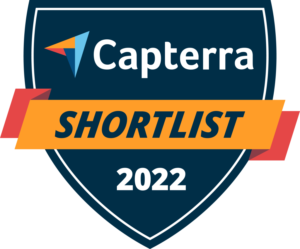 A shield-shaped badge with the Capterra logo, text reading “SHORTLIST” in bold on an orange ribbon, and “2022” below, indicating inclusion in the Capterra Shortlist for 2022.
