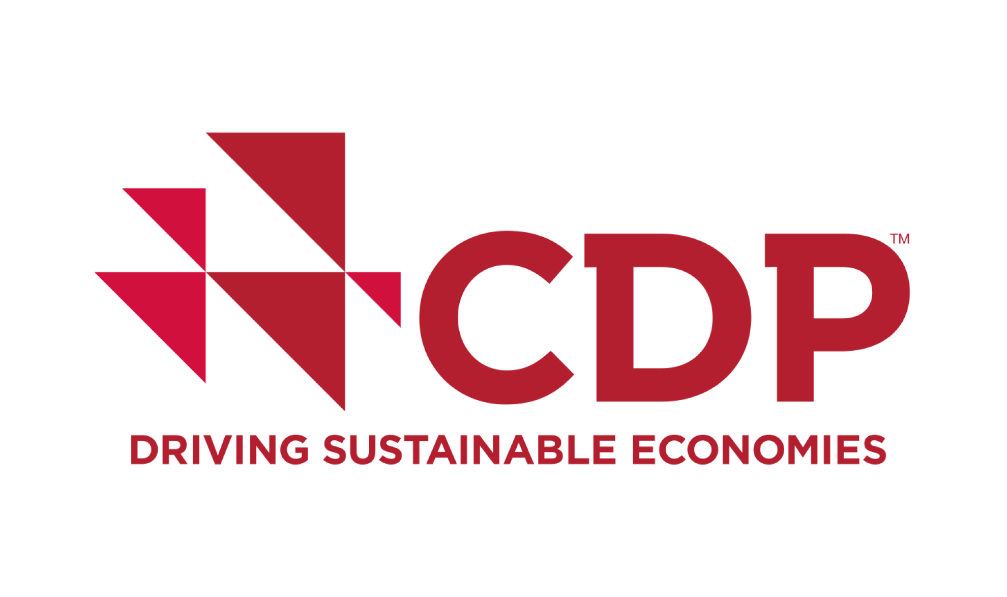 CDP logo featuring red geometric shapes and bold red letters CDP with the tagline Driving Sustainable Economies underneath on a white background.