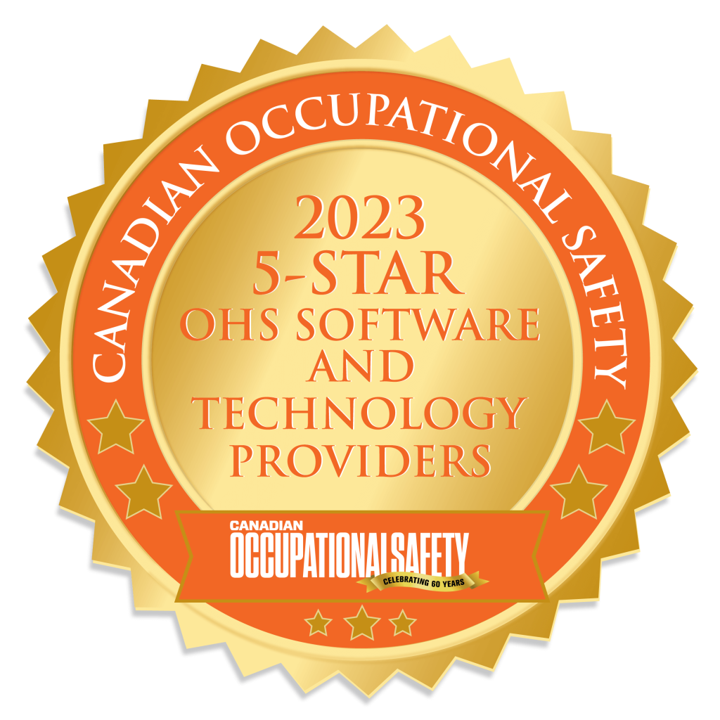 A gold badge with orange trim reads 2023 5-Star OHS Software and Technology Providers and Canadian Occupational Safety around the edge, celebrating 60 years of partnership in safety excellence.
