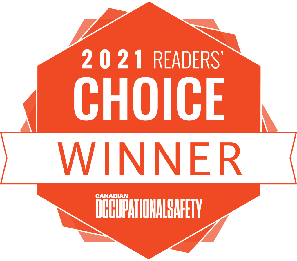 An orange badge with white text reads 2021 Readers Choice Winner and Canadian Occupational Safety. The badge has a white ribbon across the center.