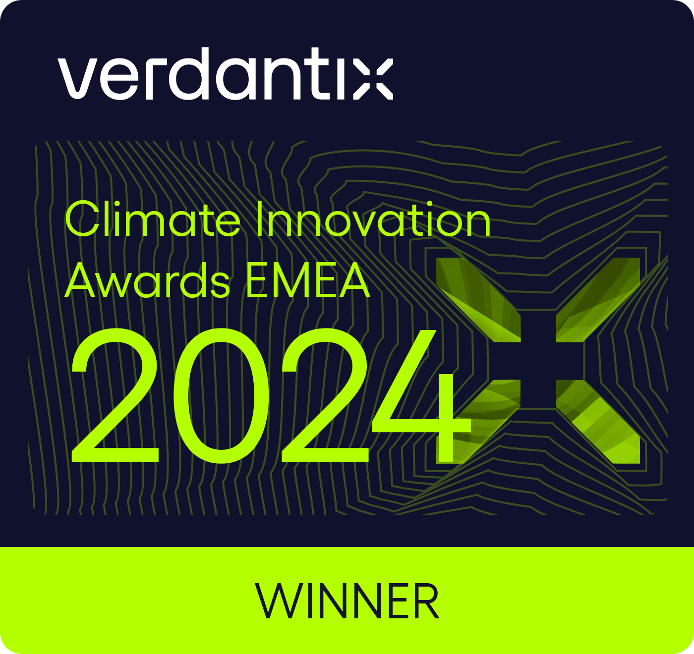 Award graphic featuring the verdantix logo, Climate Innovation Awards EMEA 2024 in bright green text, highlighting partnership on an abstract geometric background, with WINNER at the bottom.
