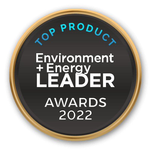 A round badge with a gold rim reads TOP PRODUCT Environment + Energy LEADER AWARDS 2022 in white and blue text on a black background.