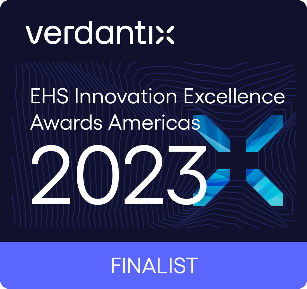 Verdantix EHS Innovation Excellence Awards Americas 2023 finalist badge with geometric patterns and a blue X design in the background.