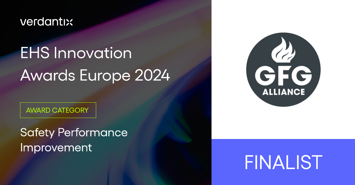 Digital poster for Verdantix EHS Innovation Awards Europe 2024. GFG Alliance is a finalist in the Safety Performance Improvement award category. The GFG Alliance logo appears alongside the finalist label.