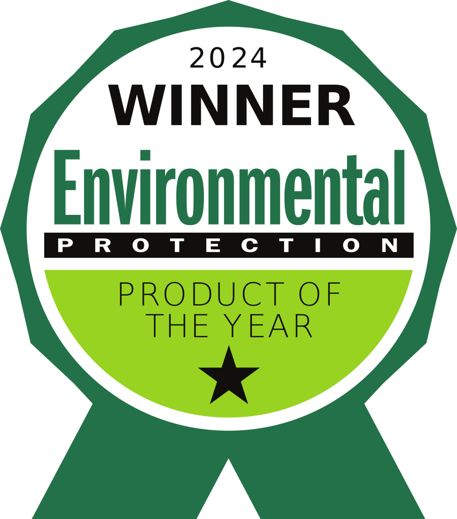 A green and white ribbon badge reads: 2024 Winner Environmental Protection Product of the Year with a black star below the text.