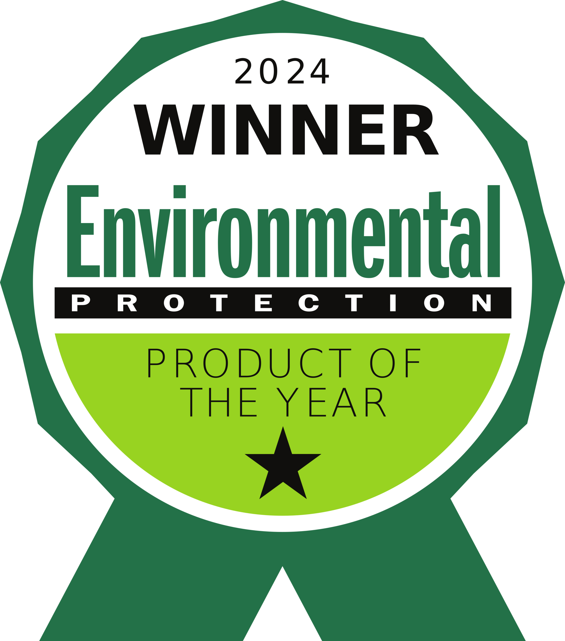 A green and white ribbon badge reads: 2024 Winner Environmental Protection Product of the Year with a black star below the text.