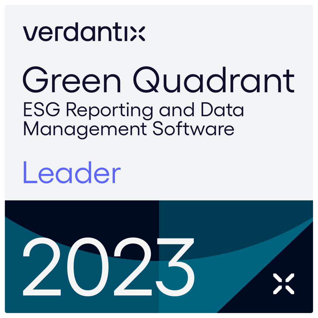 A badge with verdantix Green Quadrant ESG Reporting and Data Management Software Leader 2023 in bold text, with abstract shapes and a modern design in blue and teal colors.