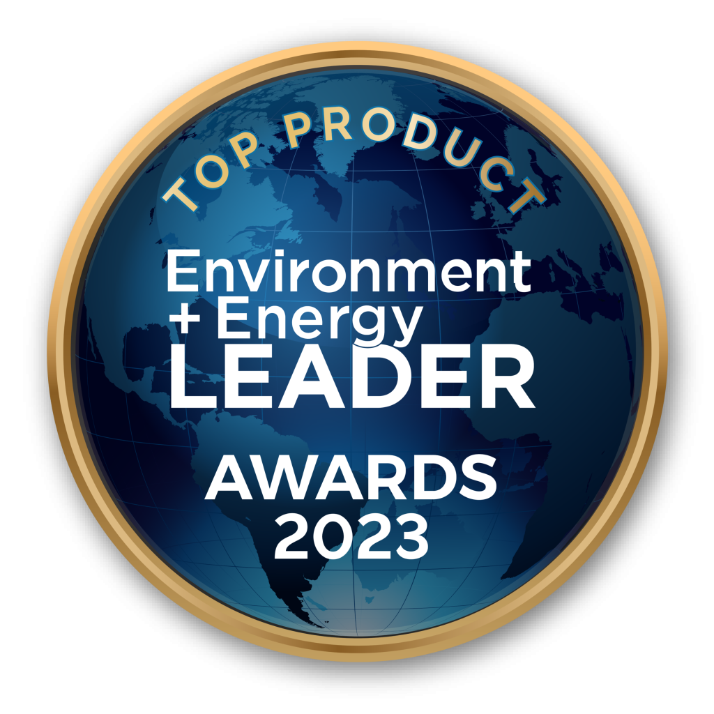 A round blue and gold badge featuring the text: Top Product, Environment + Energy Leader Awards 2023 over a stylized map of the world.