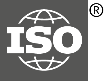 The image shows the ISO logo with large white letters ISO over a globe outline on a gray background, and a registered trademark symbol in the top right corner.