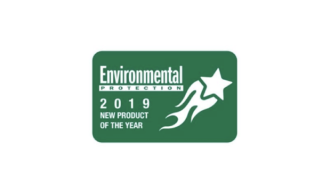 A green badge with white text reads Environmental Protection 2019 New Product of the Year and features a white shooting star graphic on the right side.