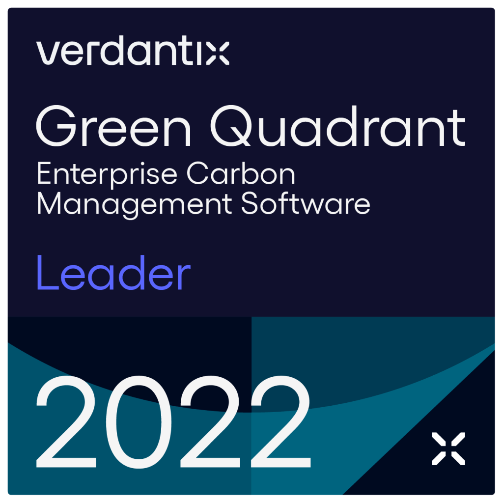 Verdantix Green Quadrant badge naming a company as a Leader in Enterprise Carbon Management Software for 2022, with a modern, geometric blue and teal background design.
